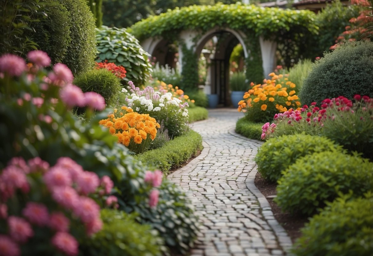 A winding path of vibrant, patterned tiles leads through a lush garden entrance, surrounded by blooming flowers and greenery