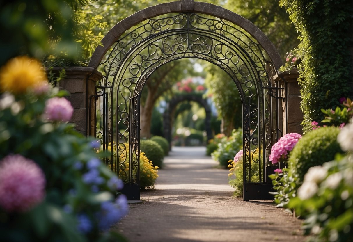 A pathway leads through an arched garden entrance, flanked by lush greenery and vibrant flowers. The entrance is adorned with intricate ironwork and a welcoming sign