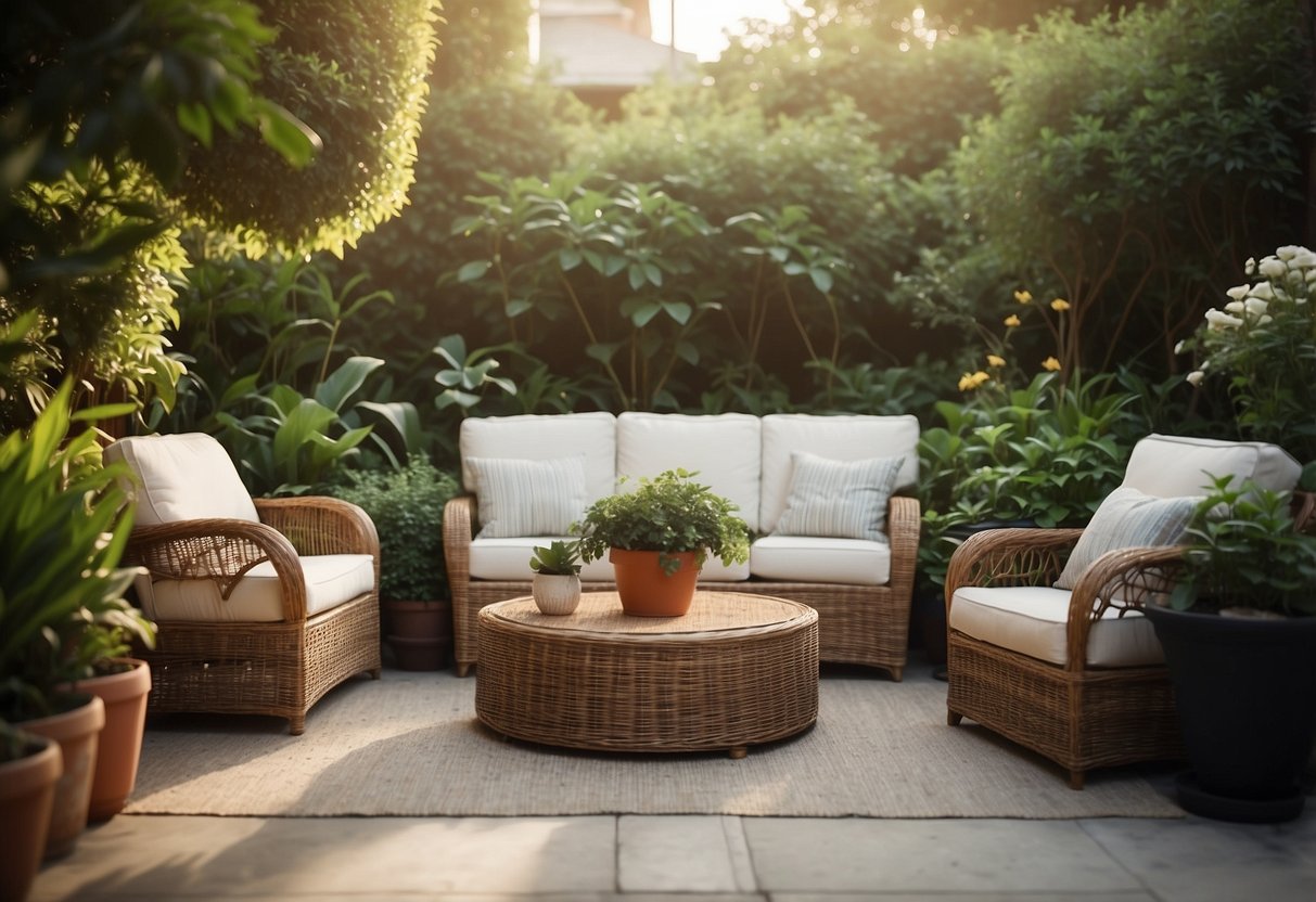 A wicker sofa and chairs surround a low coffee table in a lush garden, with potted plants and flowers adding a cozy touch