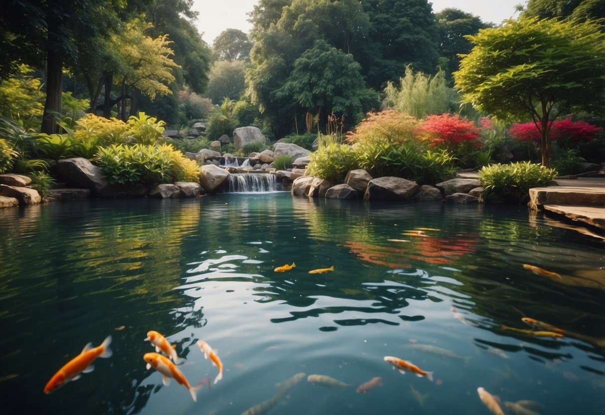 A serene pond nestled among lush greenery, with a trickling waterfall and colorful koi fish swimming peacefully