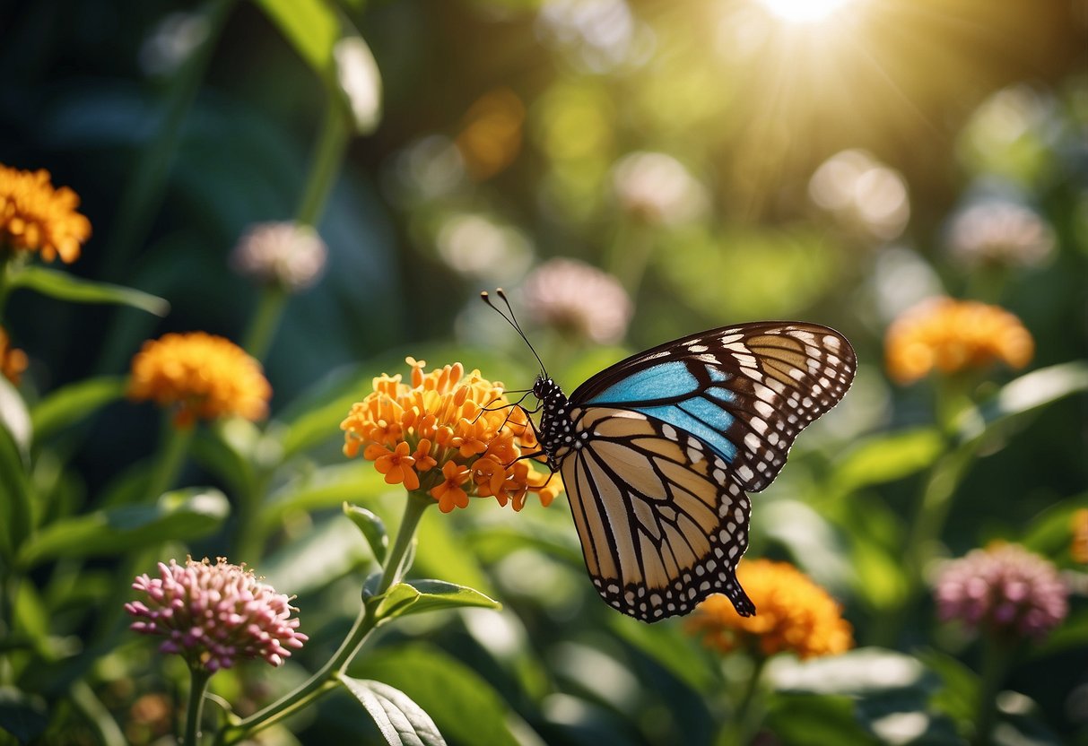 Colorful butterflies flit among vibrant milkweed plants in a lush garden. Sunlight filters through the foliage, creating a serene and enchanting scene