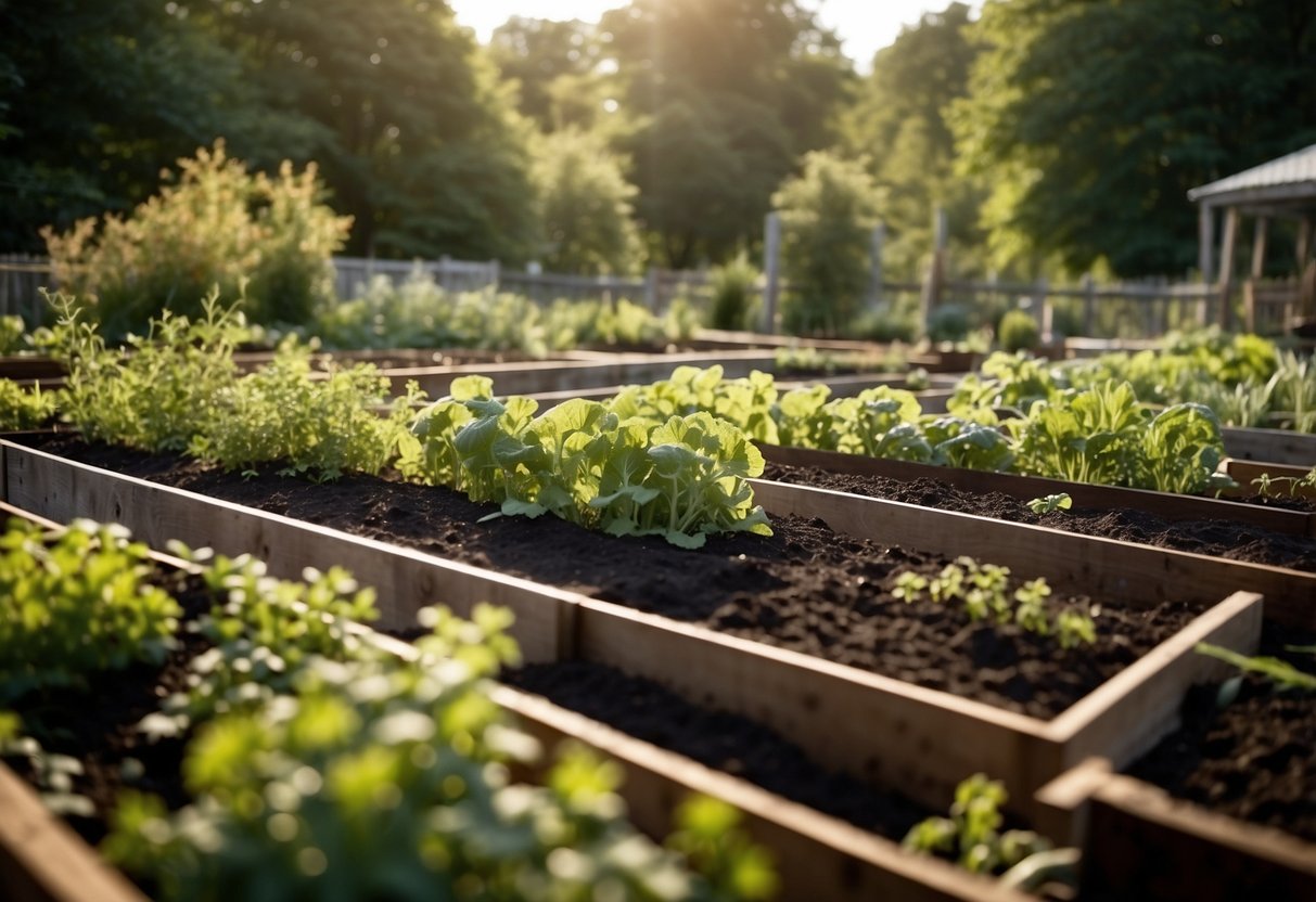 Raised beds filled with vegetables and herbs are being installed in a Connecticut garden. The beds are neatly arranged with rich soil and various plants