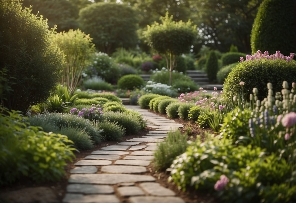 A lush garden with defined pathways using edging stones for definition. Various plants and flowers fill the space, creating a serene and inviting atmosphere