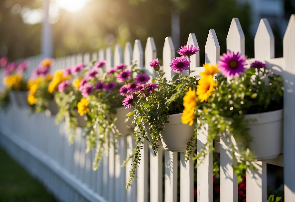 Vertical planters hang on a white picket fence, filled with vibrant flowers and greenery. The sun shines down on the garden, creating a peaceful and inviting atmosphere