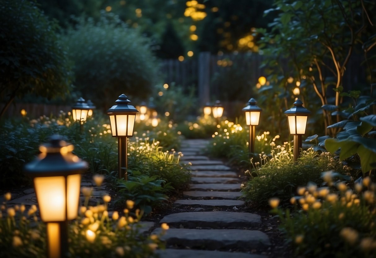 The garden is bathed in a soft, warm glow as solar garden lights line the pathways, casting gentle light on the surrounding foliage. The lights create a magical and inviting atmosphere, illuminating the beauty of the garden at night