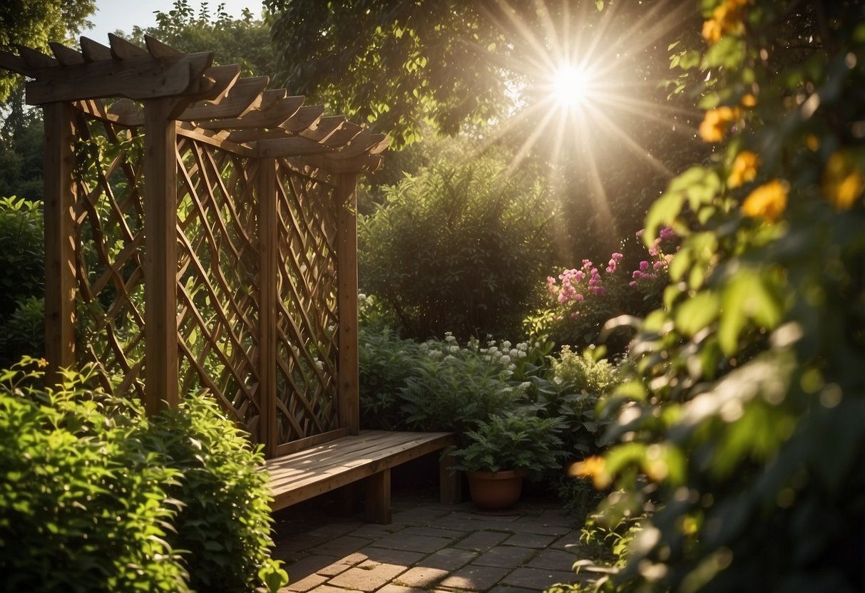 A wooden trellis stands in a lush garden, adorned with vibrant climbing plants reaching towards the sky. The sun shines down, casting dappled shadows on the ground below