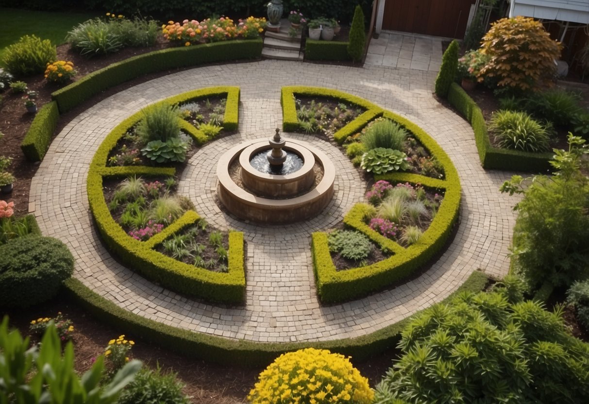 A bird's eye view of a well-organized garden layout with winding pathways, various plant beds, and a focal point such as a fountain or sculpture