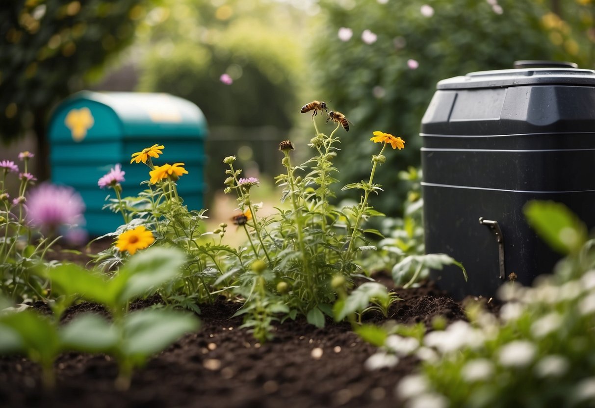 A lush garden with compost bins, rain barrels, and native plants. Bees and butterflies flit around, and solar panels power the garden tools