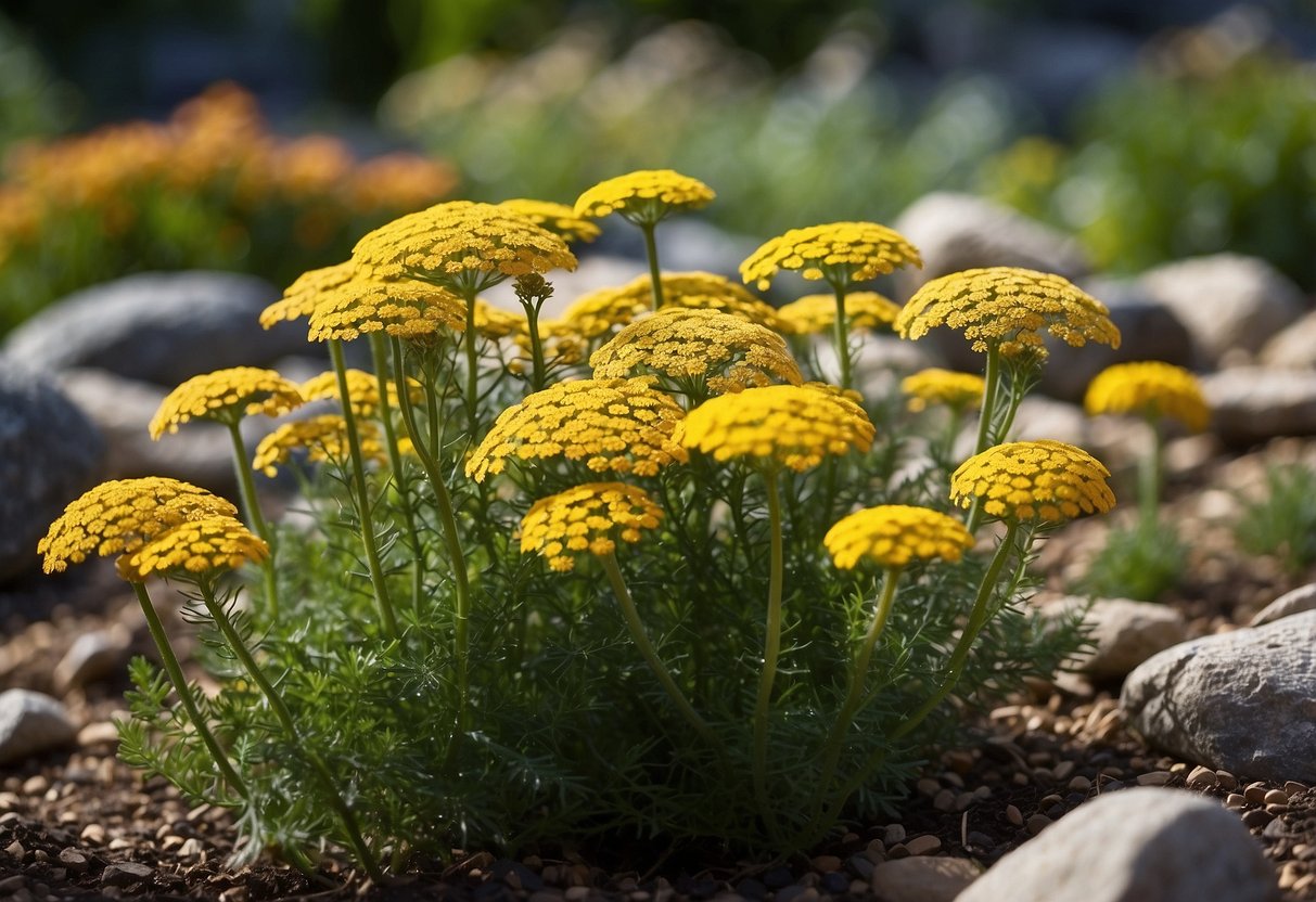 A garden filled with yarrow plants in various colors and sizes, surrounded by rocks and mulch. The plants are thriving despite the dry conditions, and the garden exudes a sense of resilience and natural beauty