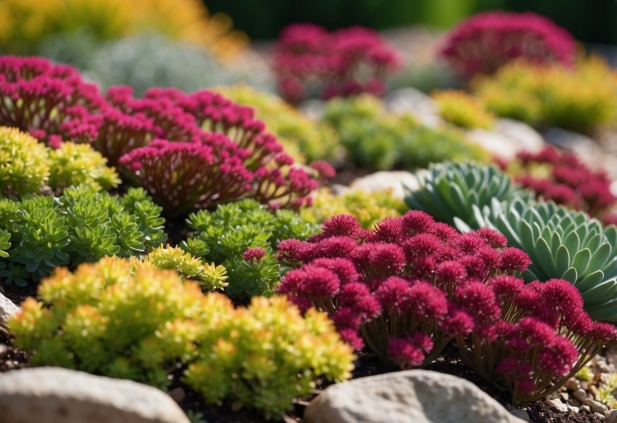 A variety of lush, low-maintenance sedum plants fill a sunny garden bed, surrounded by rocks and mulch. The plants display a range of colors and textures, creating a beautiful and drought-tolerant landscape