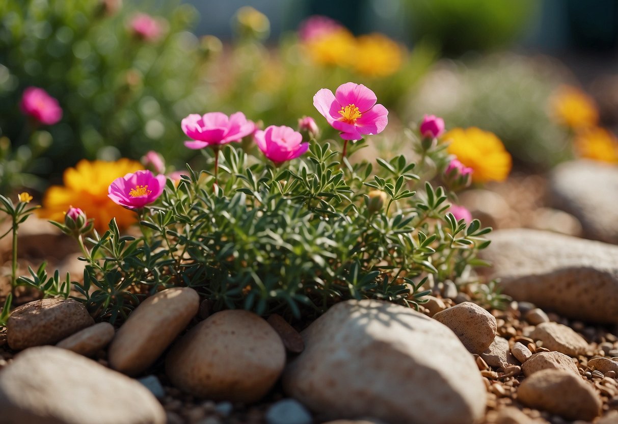 A garden filled with vibrant rockrose plants thriving in dry soil, surrounded by mulch and decorative rocks