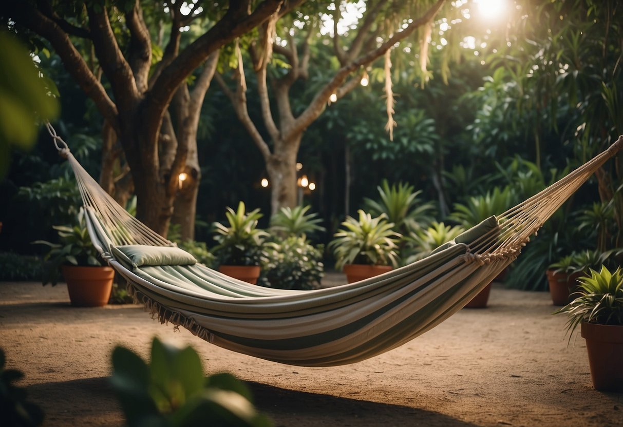 A hammock hangs between two trees in a lush garden, with fairy lights and potted plants creating a cozy hangout spot