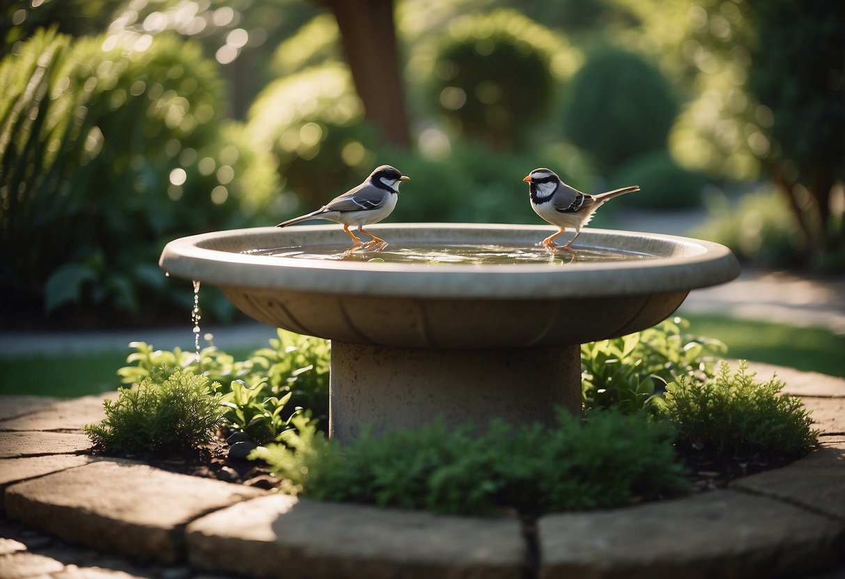 A bird bath oasis nestled under leafy trees in a tranquil garden setting