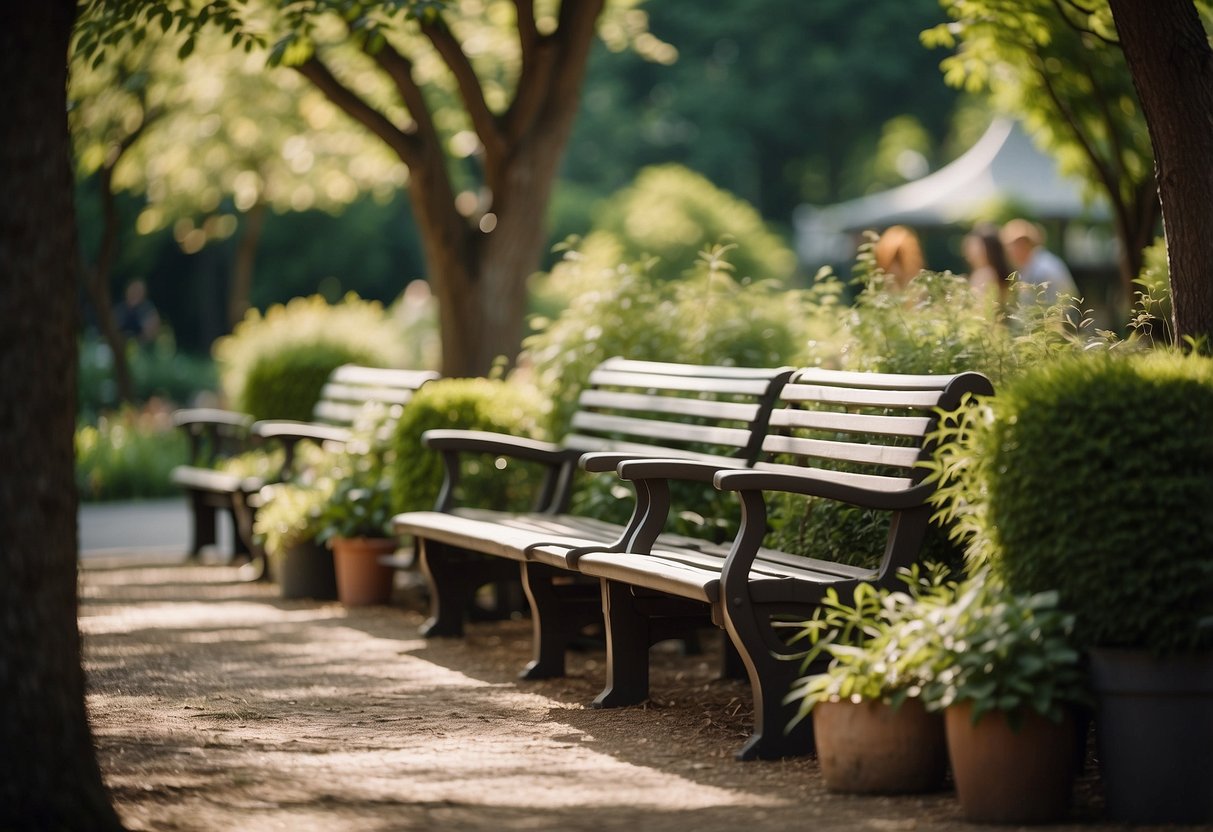 A tranquil garden seating area nestled under the shade of tall trees