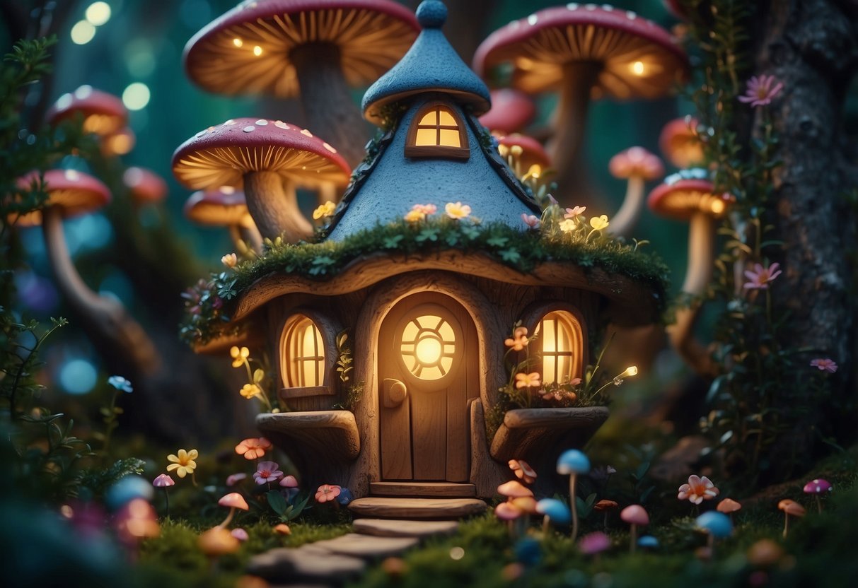 A treehouse nestled in a lush garden, with colorful flowers and sparkling fairy lights, surrounded by whimsical creatures and glowing mushrooms