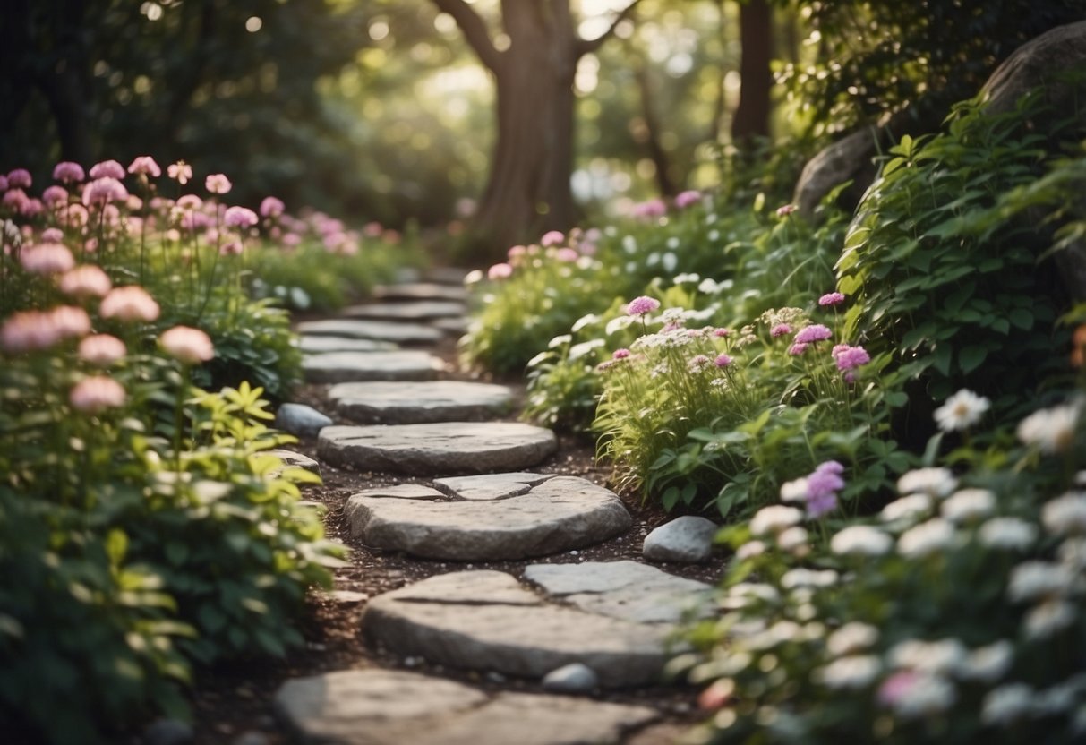 A winding pathway of whimsical stones leads through an enchanted garden, surrounded by vibrant flowers and lush greenery