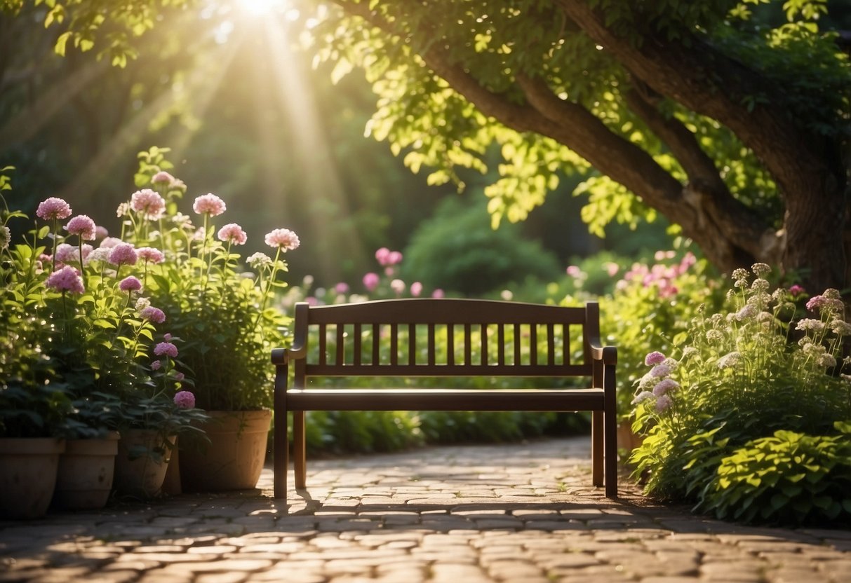 A charming garden bench surrounded by blooming flowers and lush greenery, with rays of sunlight filtering through the leaves