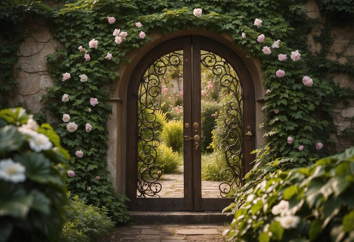 A wooden door, entwined with ivy, stands ajar in a lush garden, revealing a hidden world of vibrant flowers and magical creatures