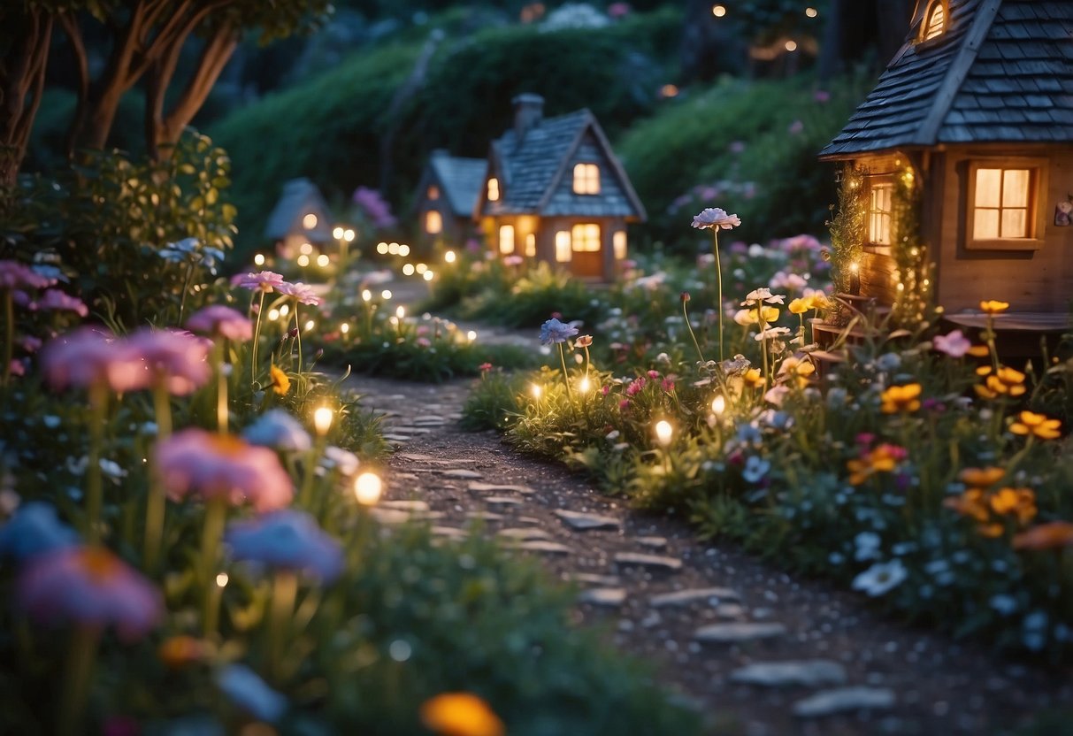 A magical garden with colorful flowers, sparkling fairy lights, and tiny houses nestled among the greenery. Twinkling pathways wind through the lush landscape, leading to secret nooks and hidden treasures