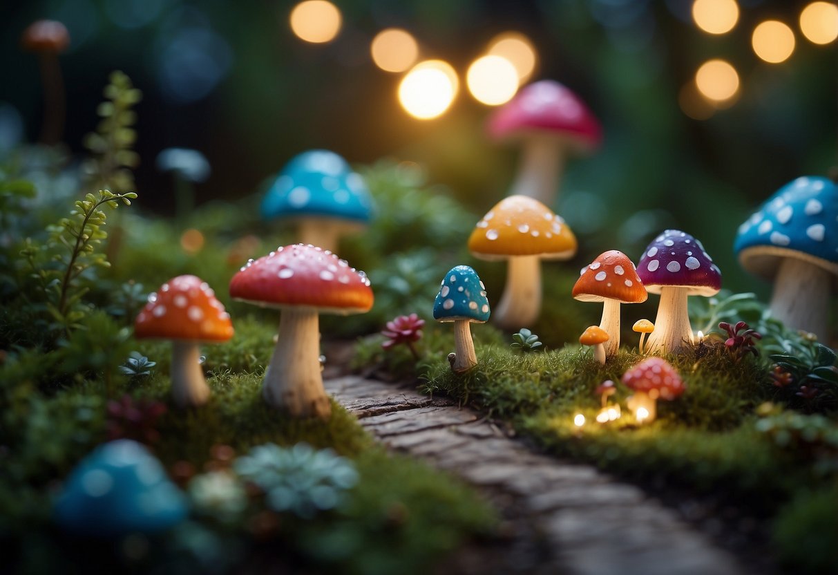 A whimsical garden with colorful mushrooms, winding pathways, and tiny houses for gnome residents. Sparkling fairy lights and lush greenery create an enchanted atmosphere