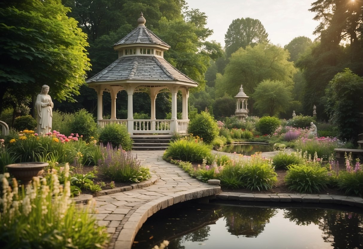 A winding path leads through lush greenery, with vibrant flowers and whimsical statues scattered throughout. A serene pond reflects the surrounding beauty, while a charming gazebo provides a peaceful retreat