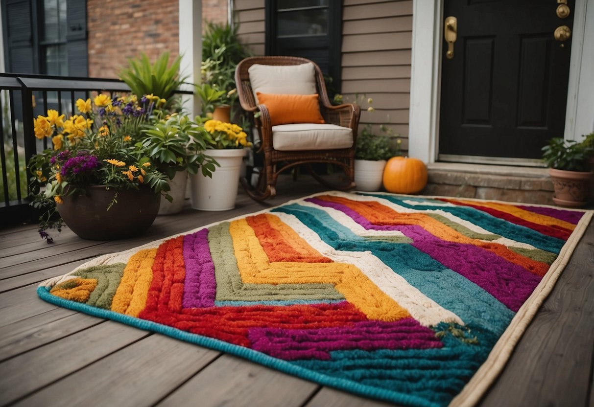 Vibrant outdoor rugs line the front porch, adding a pop of color to the garden