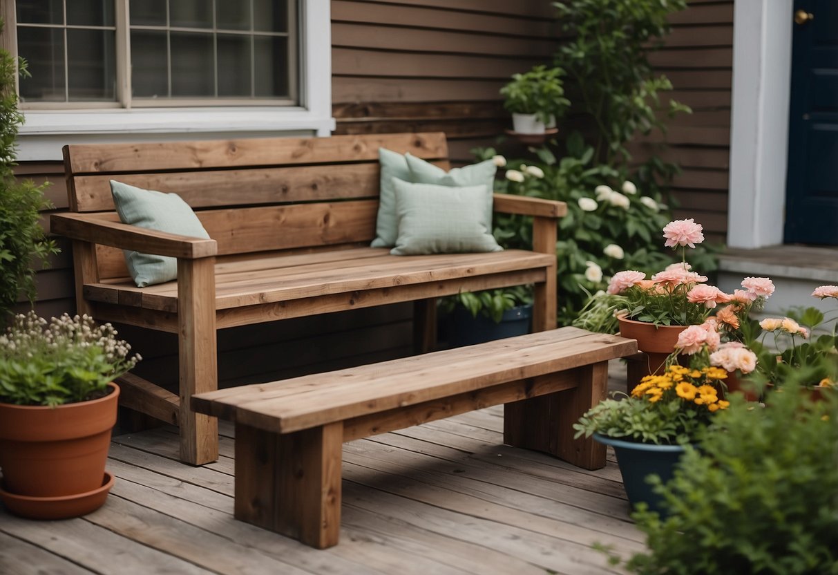 Reclaimed wood benches arranged on a front porch surrounded by a lush garden with blooming flowers and potted plants