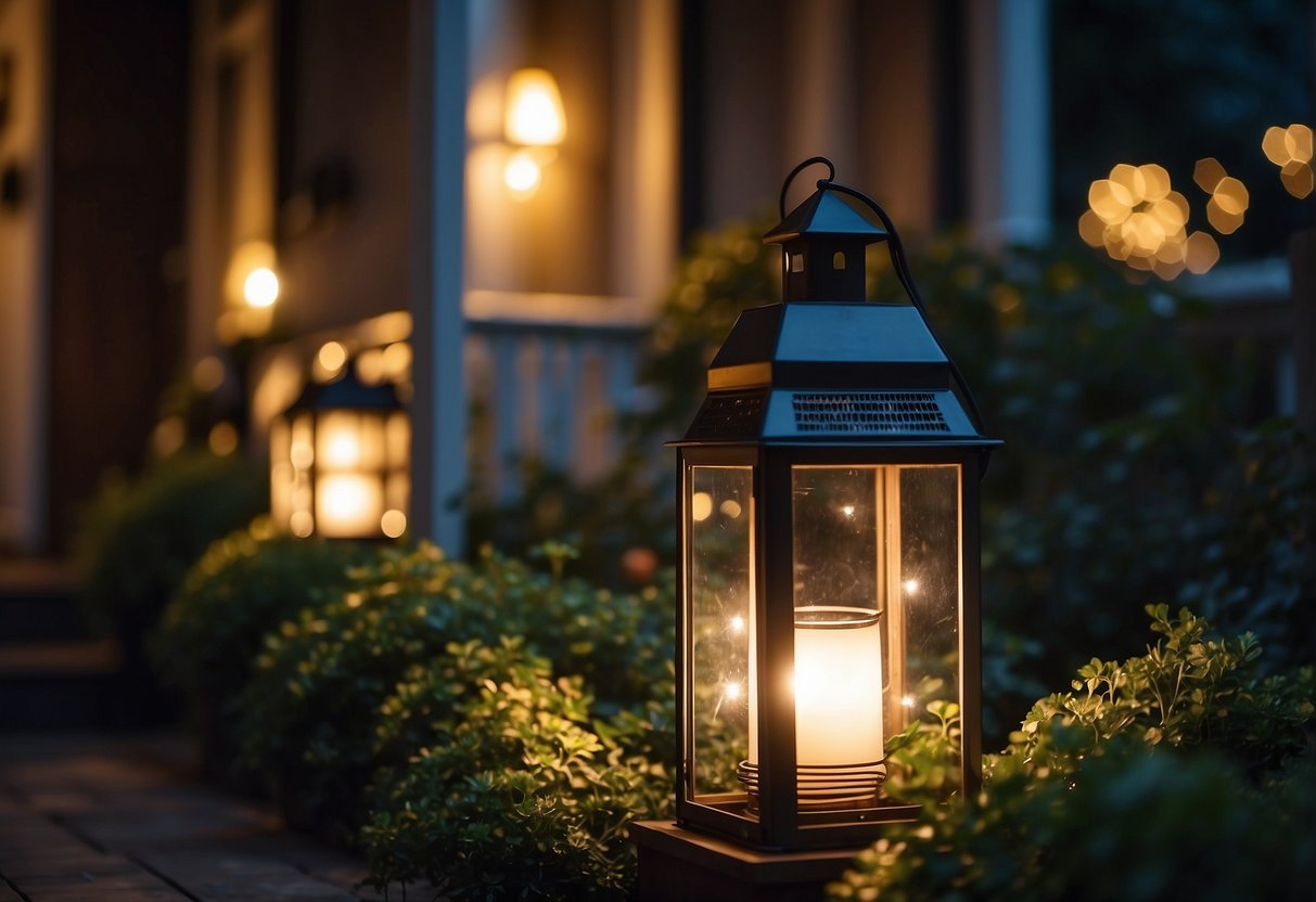 A front porch adorned with solar-powered lanterns illuminating a garden at night