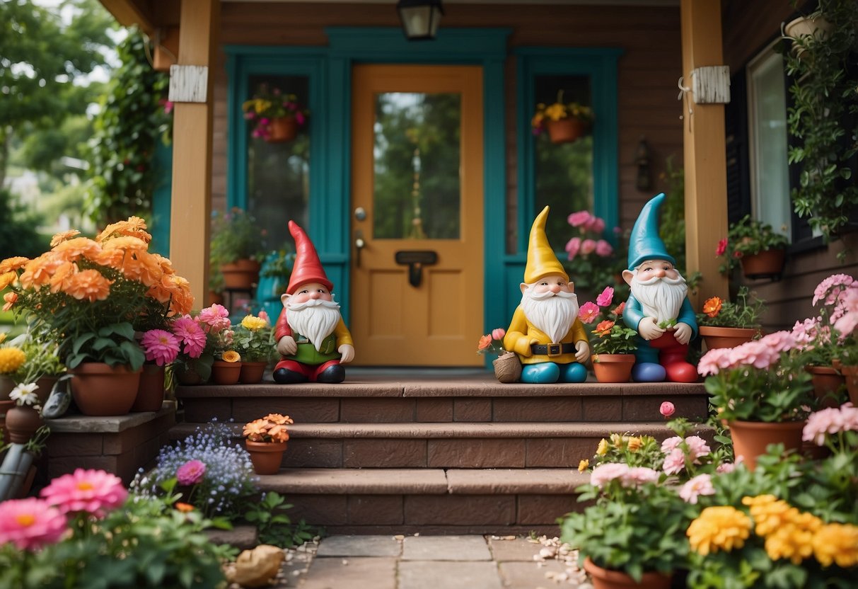 Colorful garden gnomes surrounded by blooming flowers and whimsical decor on a cozy front porch