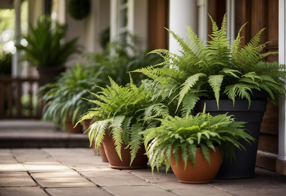 Lush ferns in decorative pots adorn a front porch, creating a serene and inviting garden space