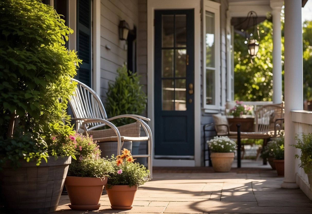 A cozy corner front porch with potted plants, hanging baskets, a small bistro set, and soft outdoor lighting