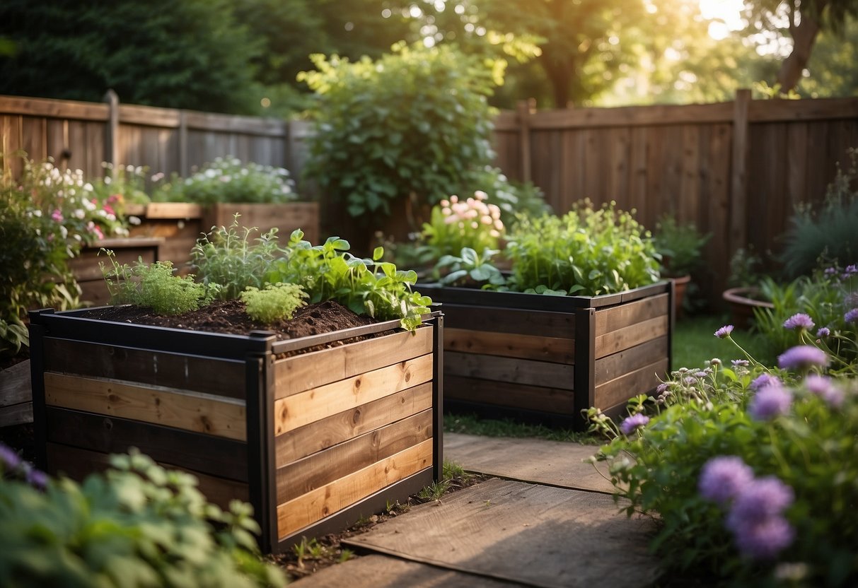 A backyard garden with three homemade compost bins, surrounded by lush green plants and flowers. The bins are made of wood and wire mesh, with layers of decomposing organic material inside