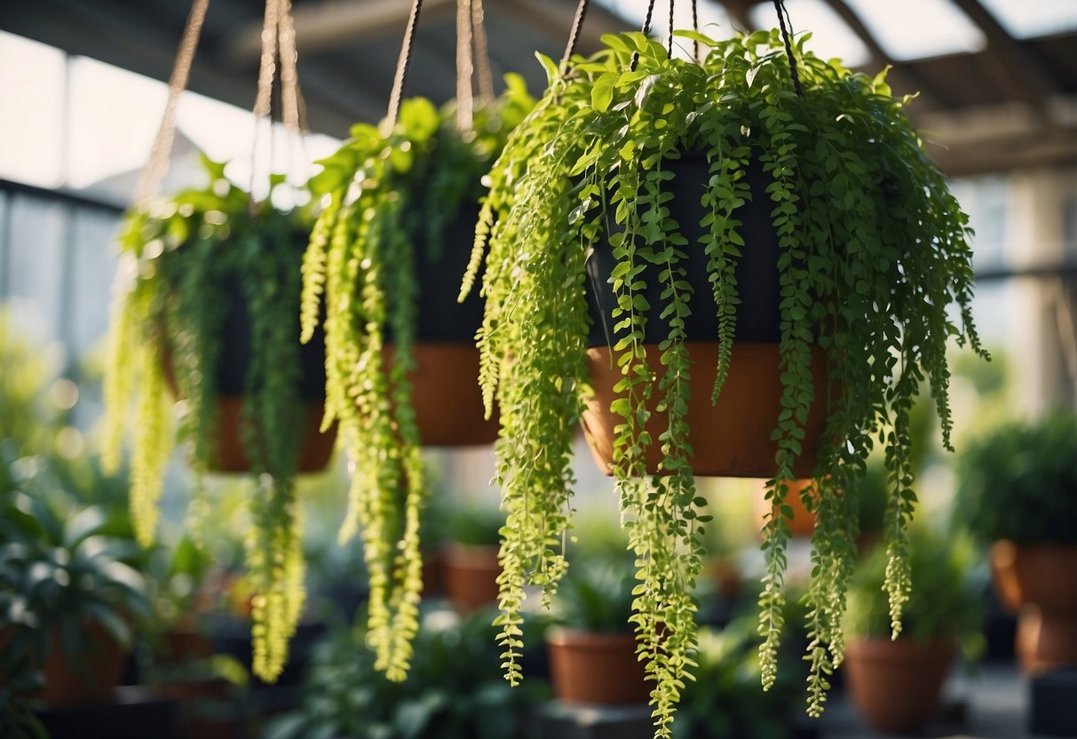 Lush green plants cascade from hanging garden planters, creating a vibrant and inviting garden center display