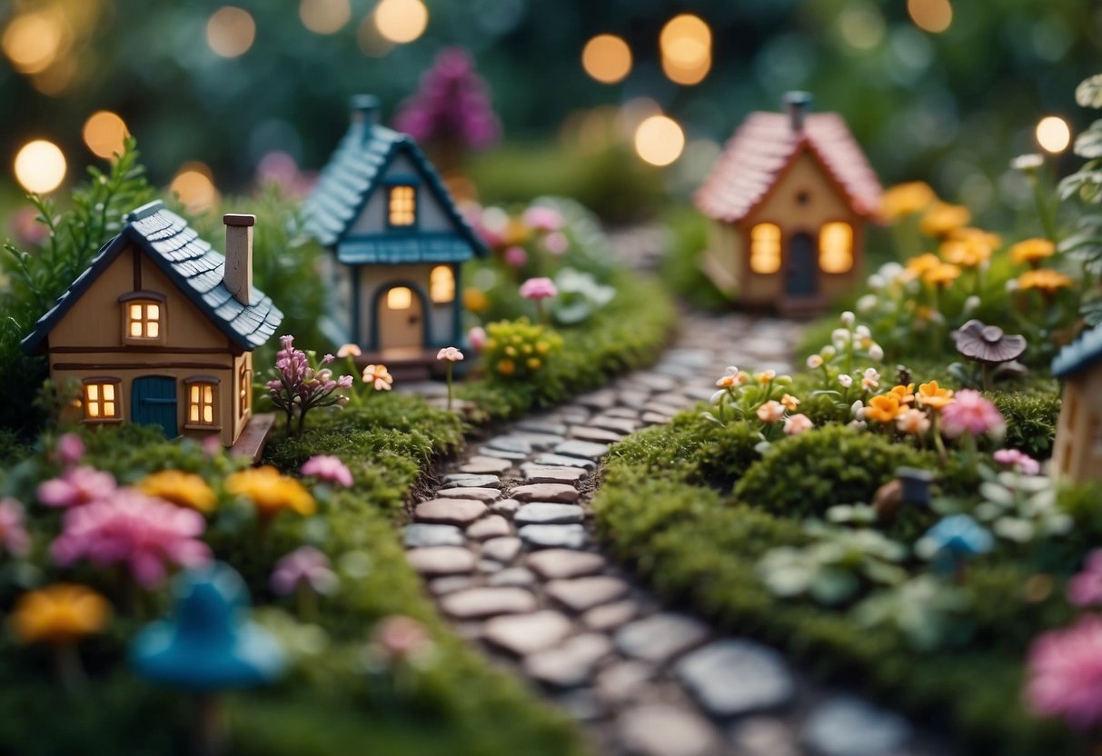 A lush garden with miniature houses, colorful flowers, and tiny fairy figurines. A winding path leads to a charming gazebo surrounded by twinkling lights