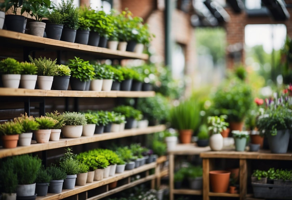 Lush green plants and colorful flowers fill the garden center. A variety of gardening tools and supplies are neatly displayed on shelves. A small seating area offers a place for customers to relax and enjoy the serene atmosphere