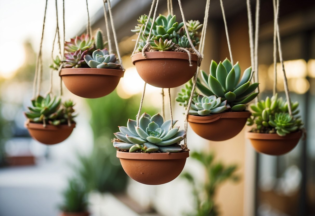 Several hanging succulent planters arranged in a tiered formation, with a variety of succulent plants spilling over the edges