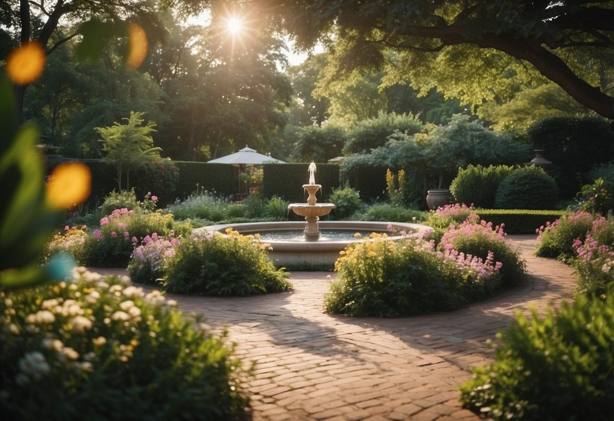 A lush garden oasis with a bubbling fountain, winding paths, and vibrant flowers in full bloom, surrounded by tall, leafy trees and cozy seating areas