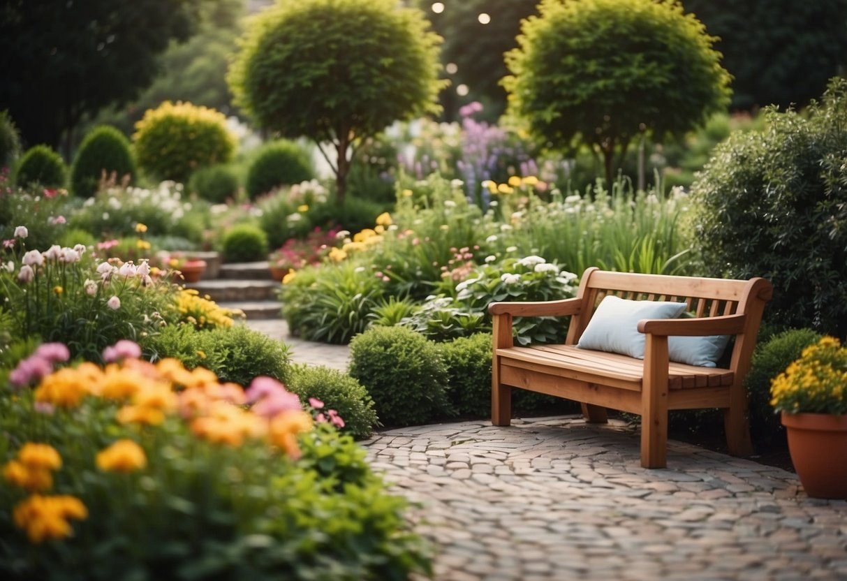 A cozy garden with a winding path, lush greenery, and comfortable seating areas nestled among blooming flowers and colorful planters