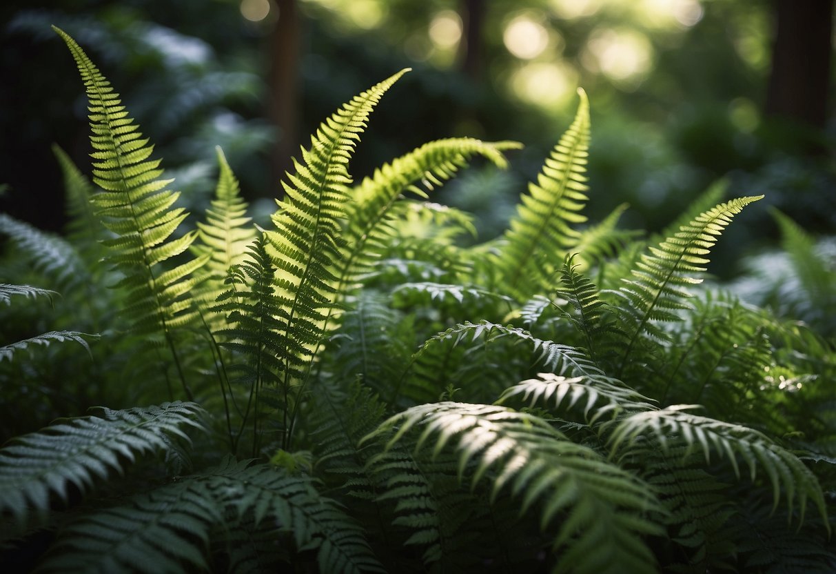 Lush ferns thrive in a shaded, north-facing garden. A variety of fern species create a dense, green backdrop with delicate fronds and intricate leaf patterns