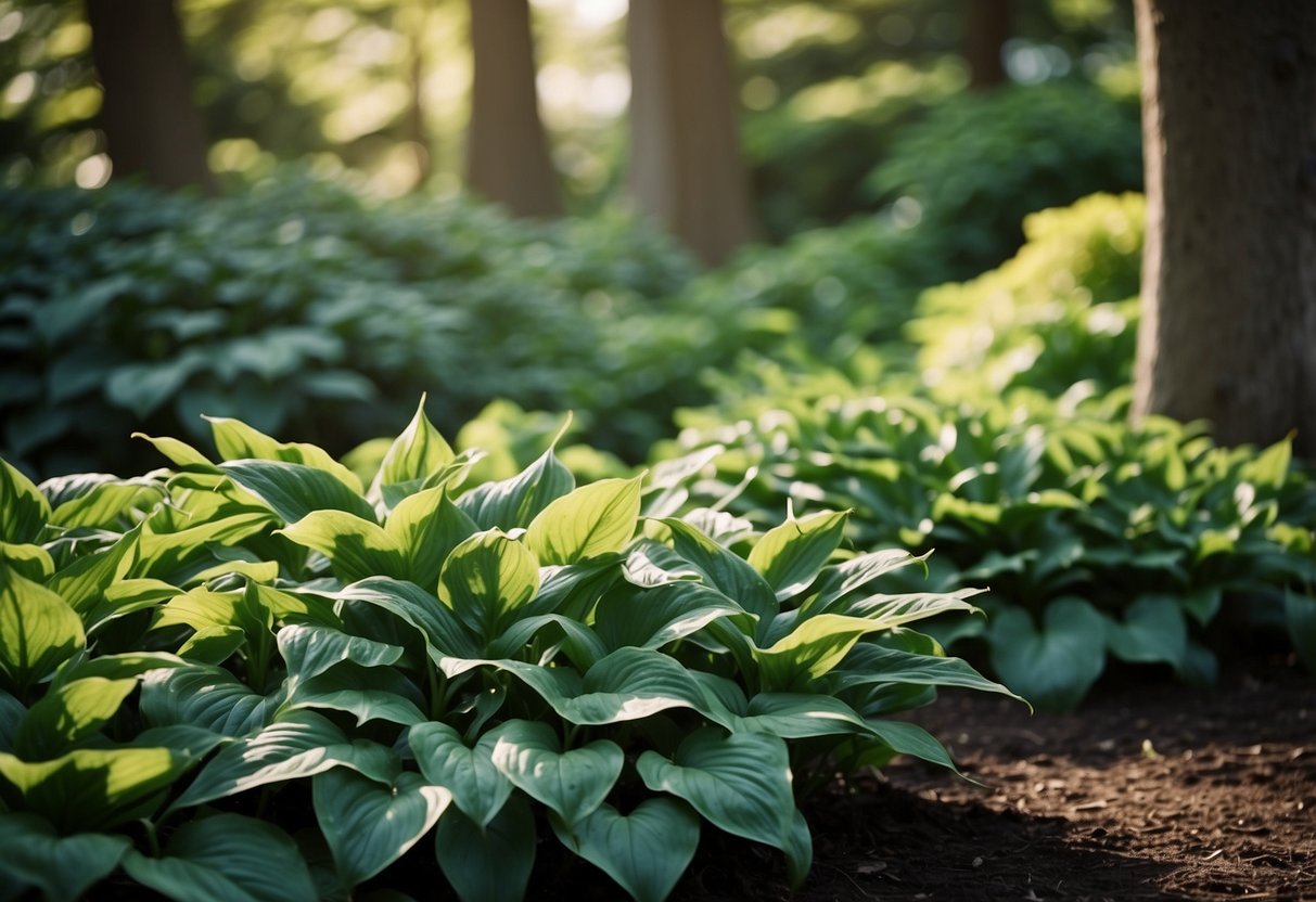 Lush hostas cover the shaded ground, with their broad, green leaves creating a dense and vibrant carpet in the north-facing garden