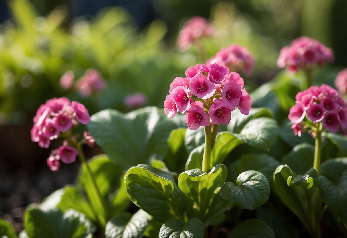 Lush green bergenia plants thrive in a shaded north-facing garden, adding vibrant pops of color to the serene landscape