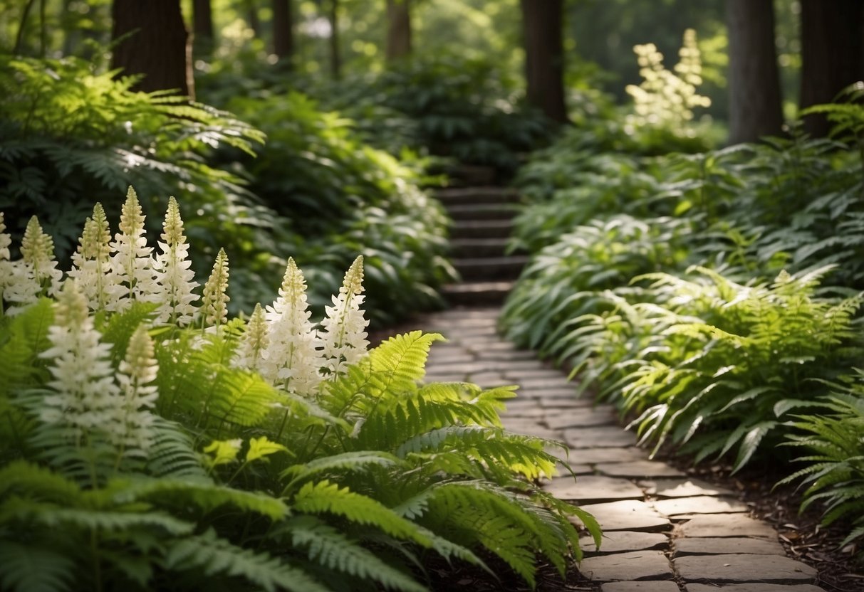 Lush astilbes bloom in a shaded garden, surrounded by ferns and hostas. A stone pathway winds through the vibrant display, leading to a cozy seating area