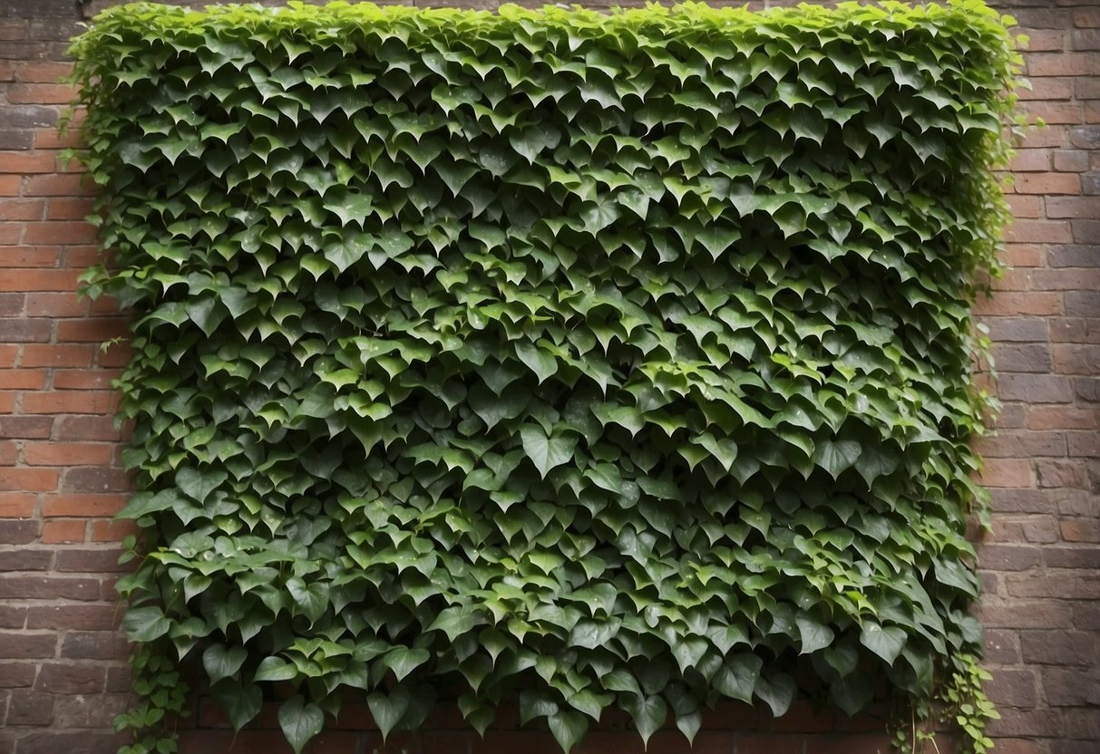 Lush green ivy climbs up the walls, adding vertical interest to a shaded north-facing garden. The ivy creates a beautiful and natural backdrop for the space