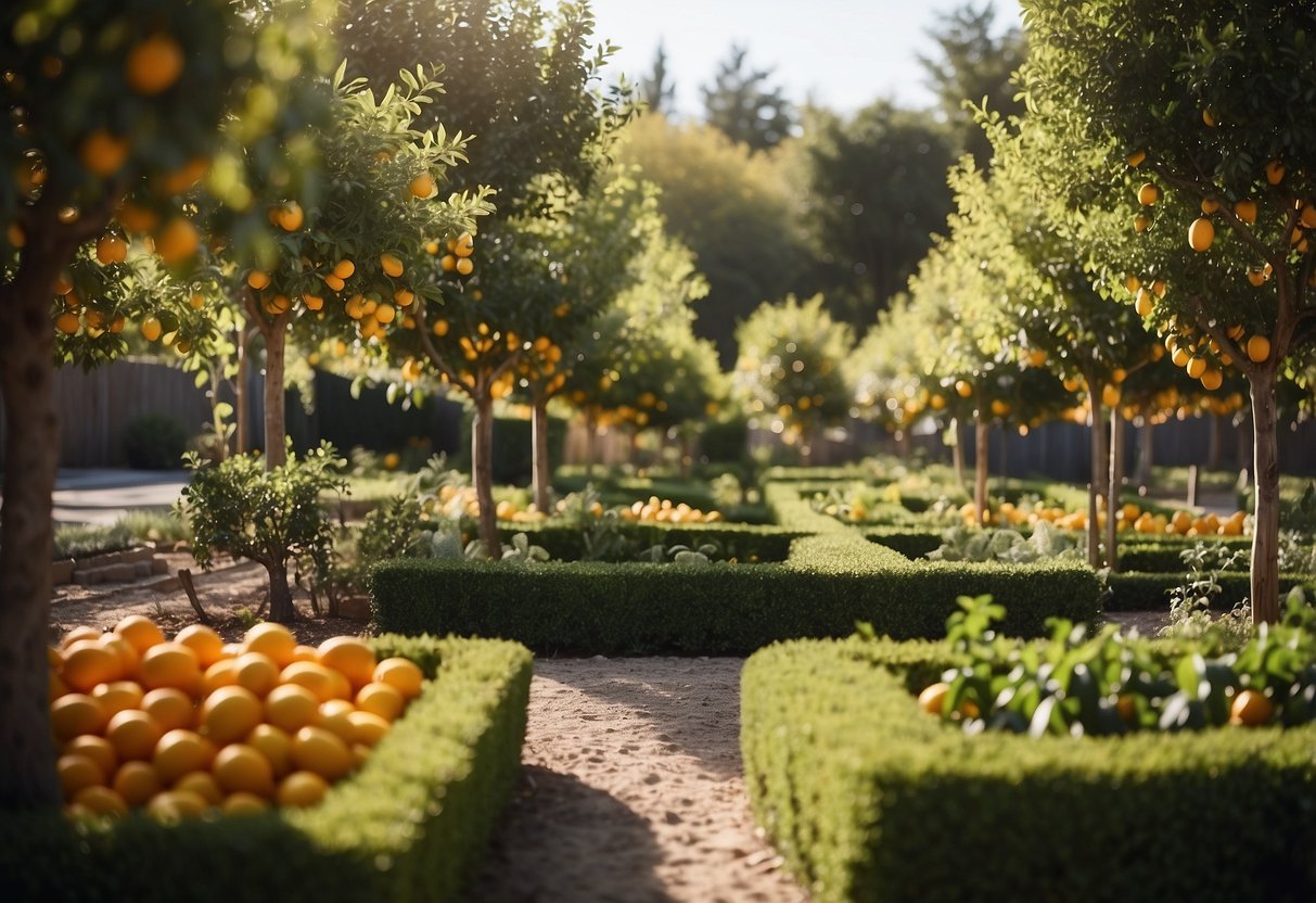 A backyard orchard with dwarf citrus trees arranged in a neat layout, surrounded by garden beds and pathways