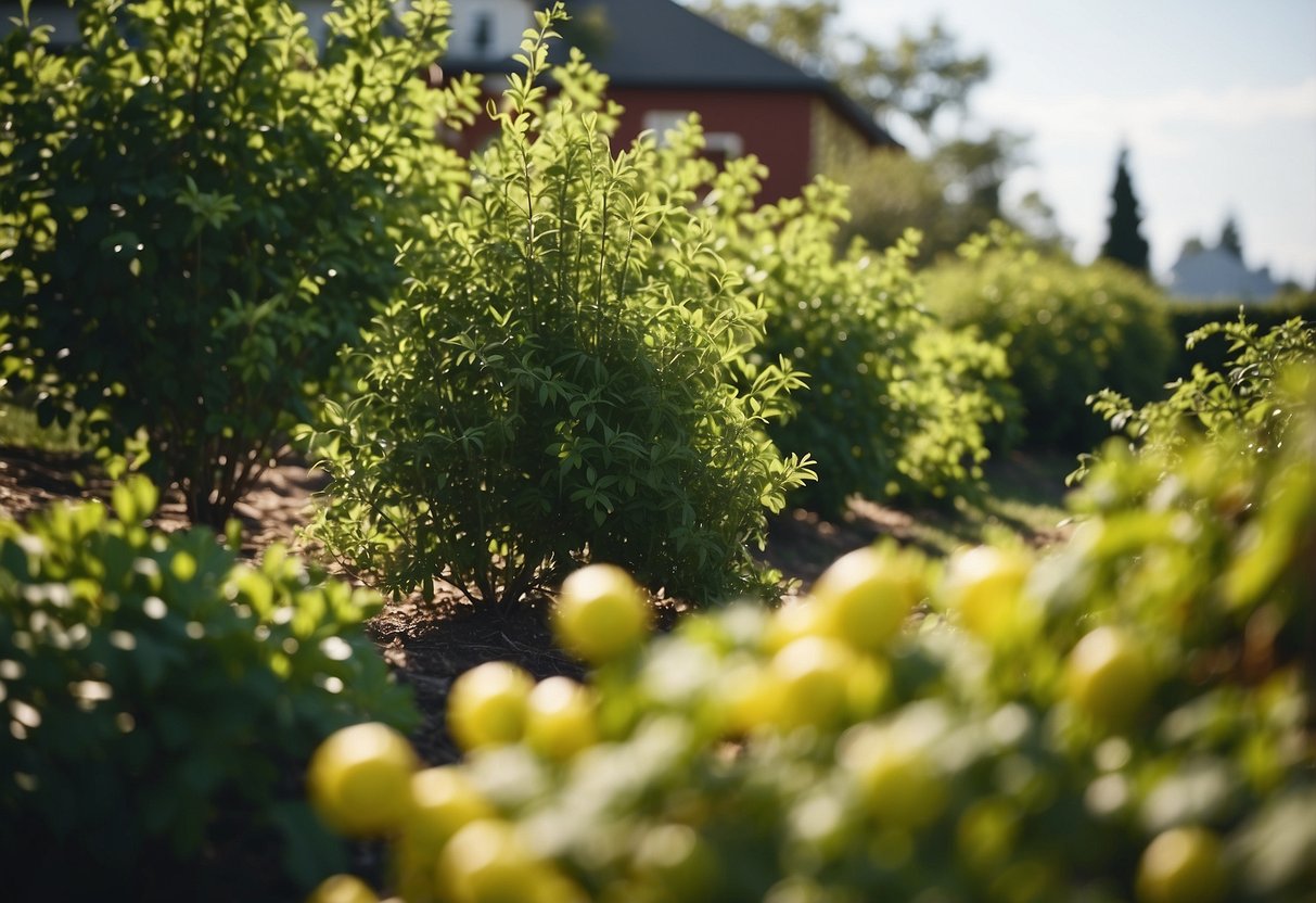 A lush border of berry bushes surrounds the backyard orchard, with a carefully planned layout and garden ideas