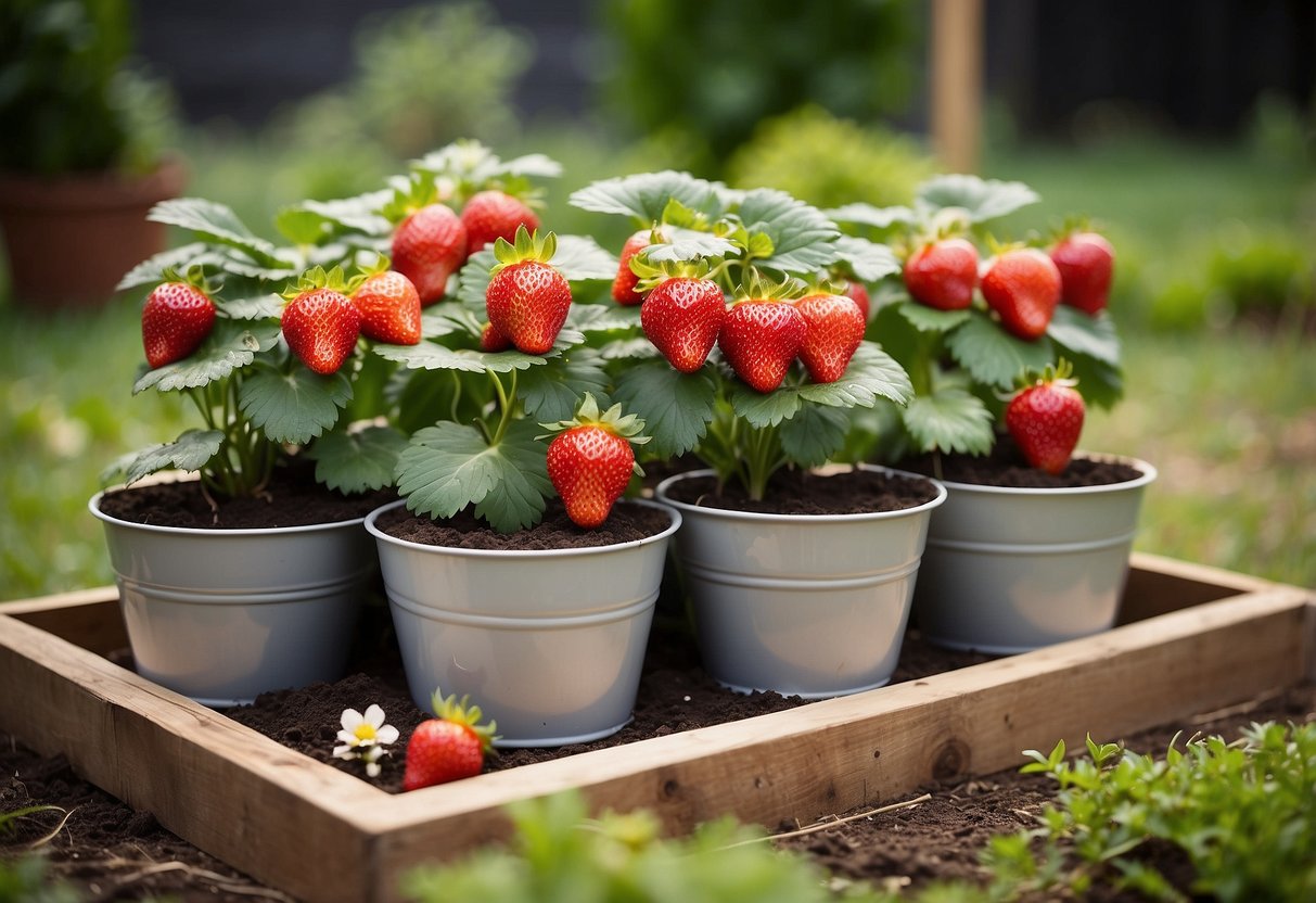 Three-tiered strawberry planters arranged in a backyard orchard layout, surrounded by various garden ideas