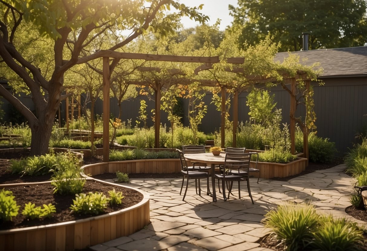 A backyard orchard with neatly arranged fruit trees, surrounded by raised garden beds and winding pathways. A small seating area is nestled in a corner, with trellises and arbors adding vertical interest