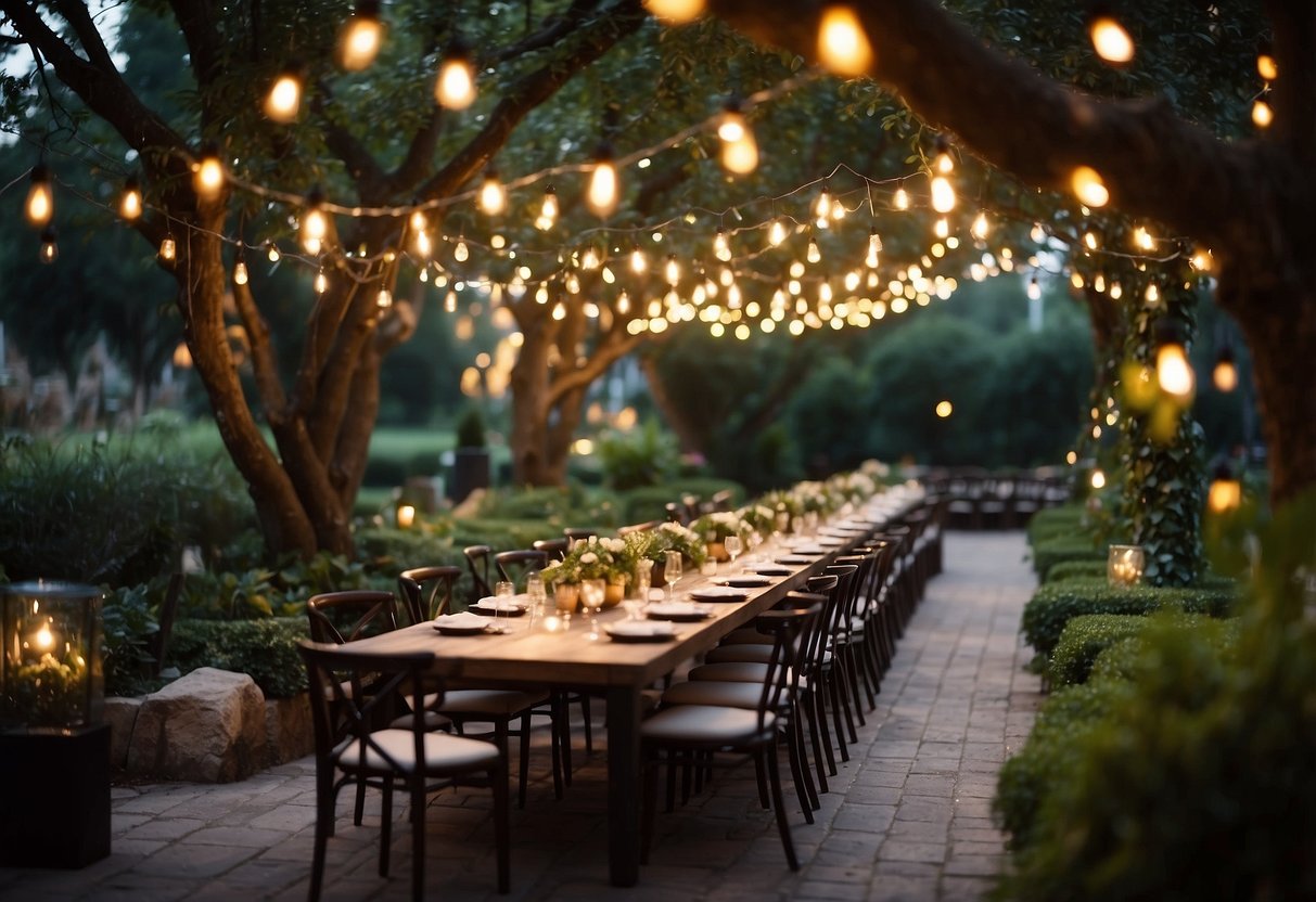 A garden filled with trees adorned with hanging lights, creating a warm and inviting atmosphere for a festive party