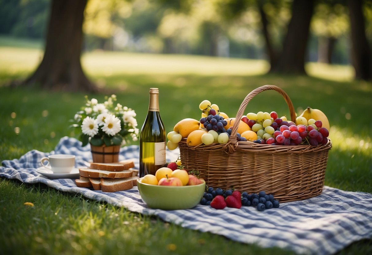 Colorful picnic blankets spread out on lush green grass, surrounded by blooming flowers and tall trees. Baskets filled with fruits, sandwiches, and drinks are placed on the blankets, creating a cozy and inviting atmosphere for a garden picnic