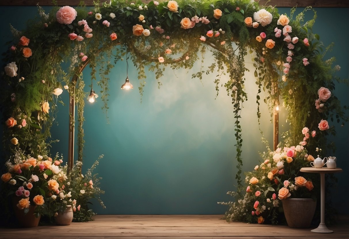 A whimsical garden-themed photo booth with floral backdrops, hanging vines, and vintage props